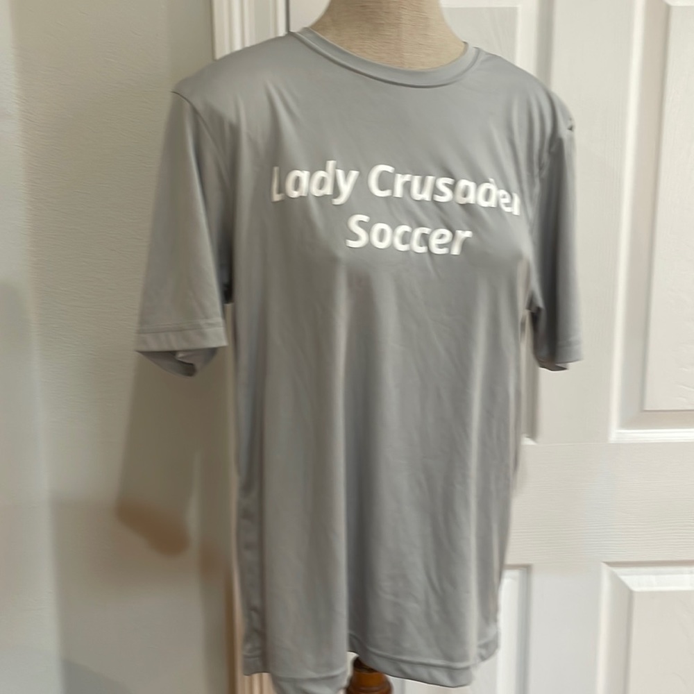 Sport Tek top lady crusader soccer short sleeve gray white activewear women’s S